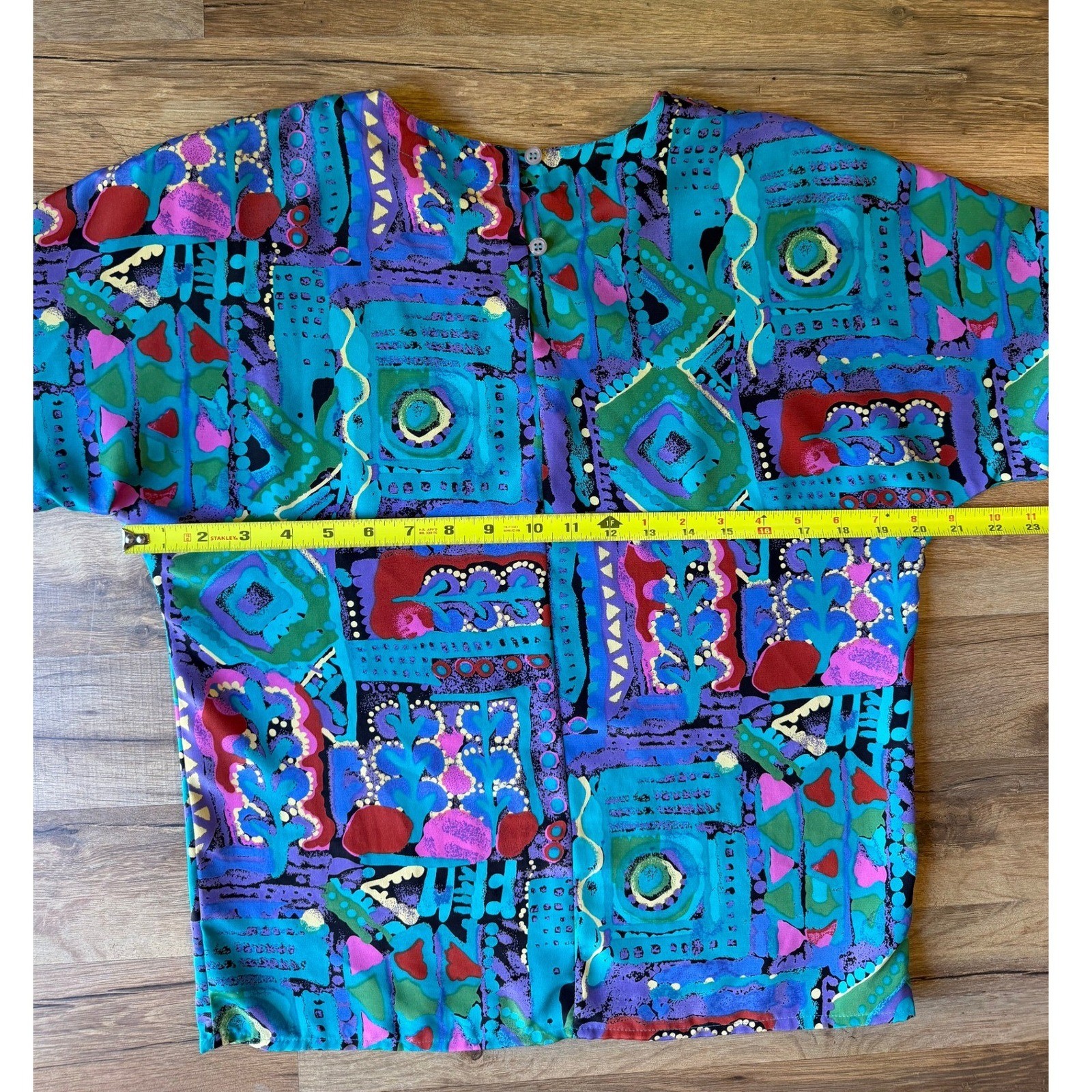Vintage Blouse Multicolor Abstract Geometric Button Back 80s 90s Crop Top Indie