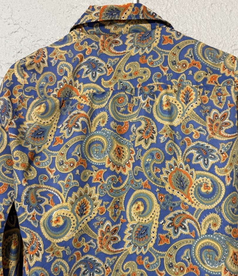 Vintage 70s Button Up Top Long Sleeve Blue Paisley Floral Women 6 Blouse EMILY M