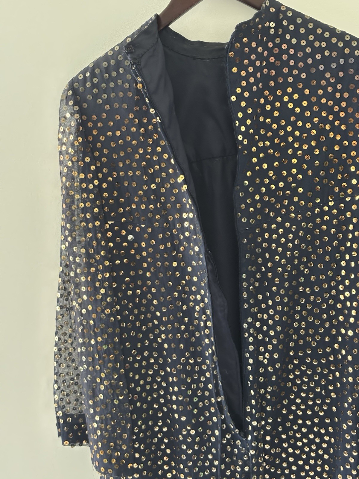 70s Joan Leslie by Kasper Sequin Party Dress Navy Gold Sheer Sleeve VTG