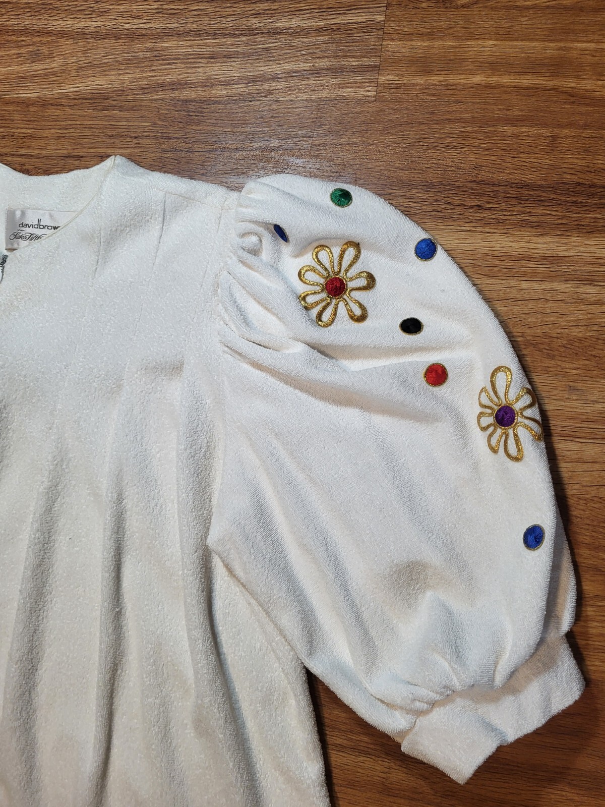 Vintage David Brown Ivory Embroidered Puffed Sleeves Mumu Dress Terrycloth