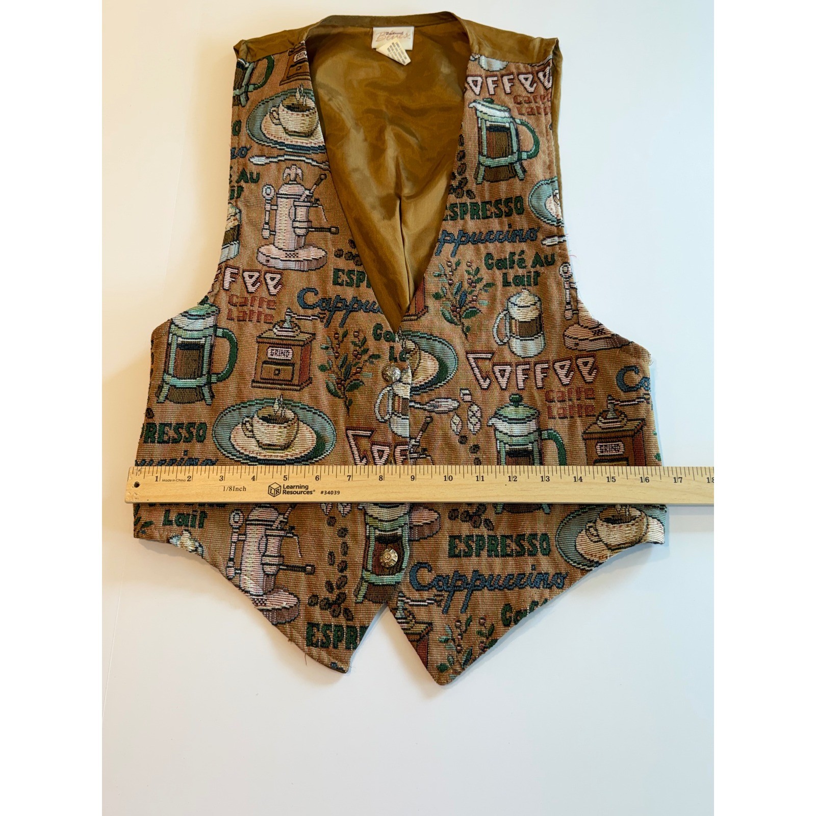 Vintage Backroad Blues Coffee Tapestry Vest Brown Espresso French Press 90s USA