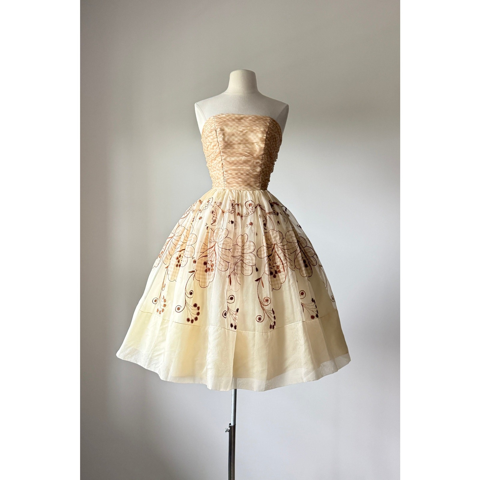Vintage 1950s Gingham Organza Strapless Prom Party Wedding Dress XS