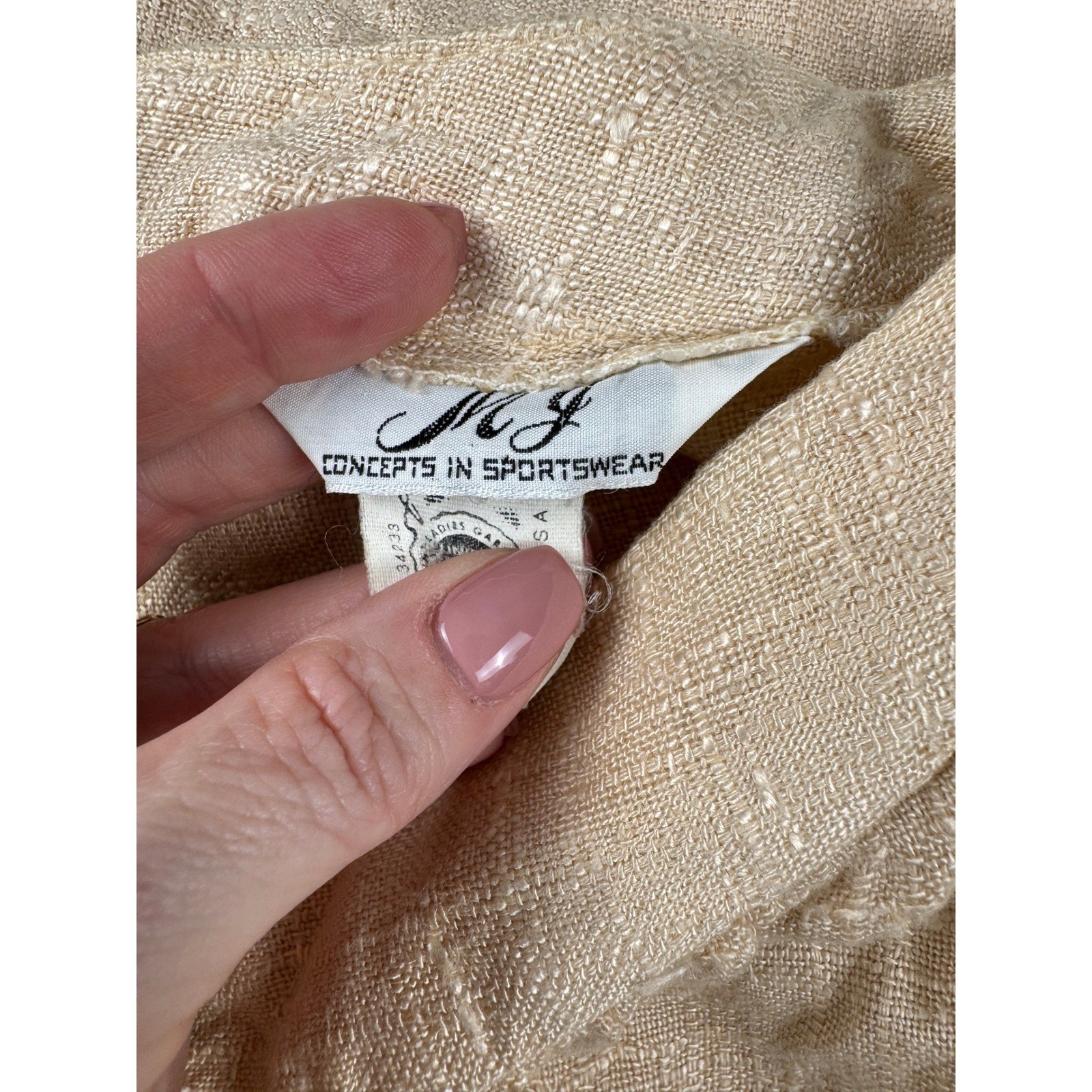 Vintage 70&rsquo;s Linen Blend Neutral Two Piece Skirt Set Tan Short Sleeve Top Midi