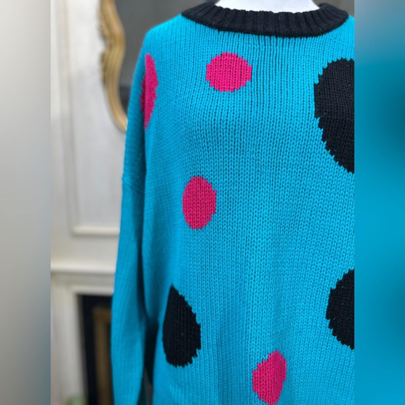Vintage Emporio Gitano 80s 90s Oversized Polka Dot Sweater 2X Blue Black Pink