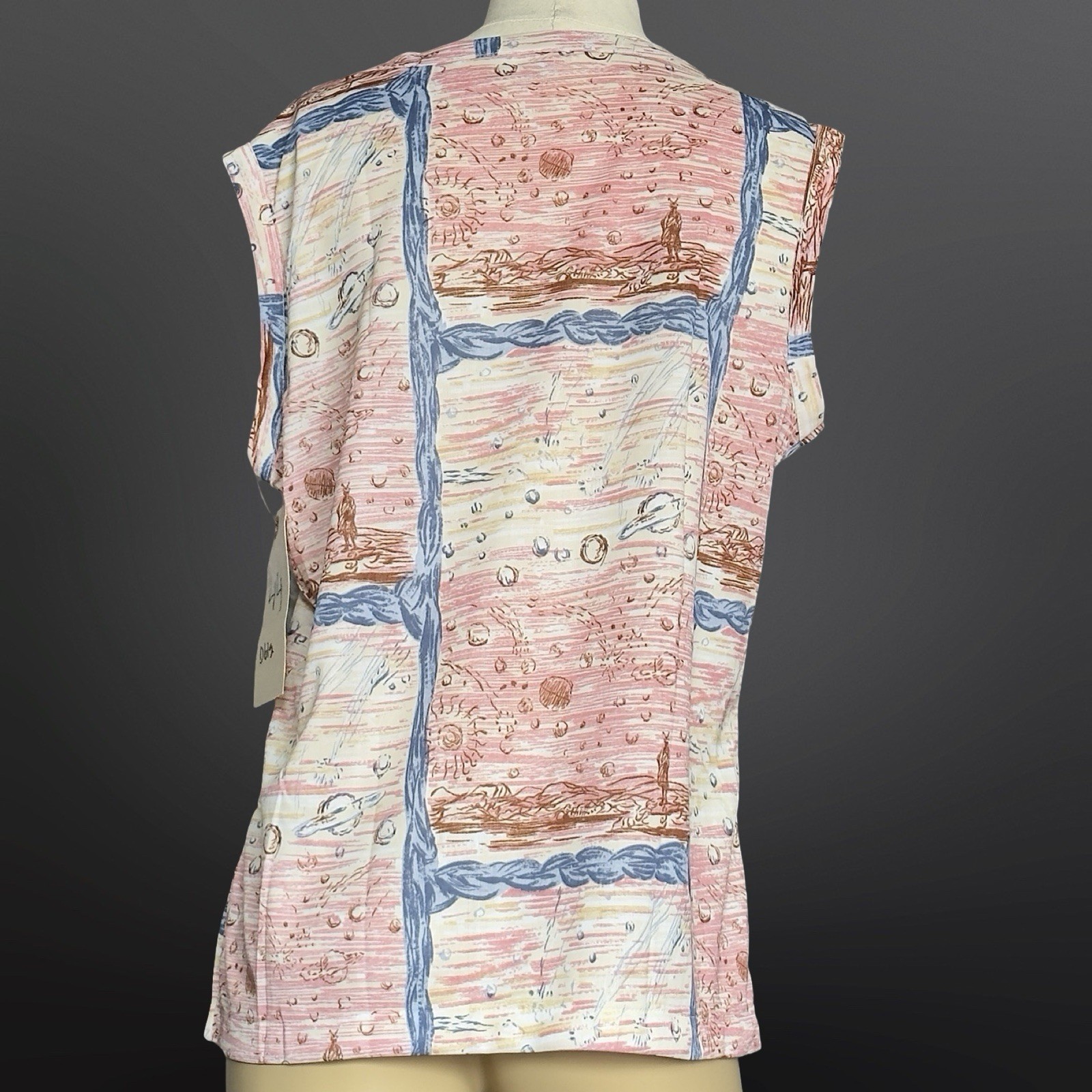 1970s Poly Novelty Sci-Fi Spaceship Print Sleeveless Vintage L Top Sony Studios