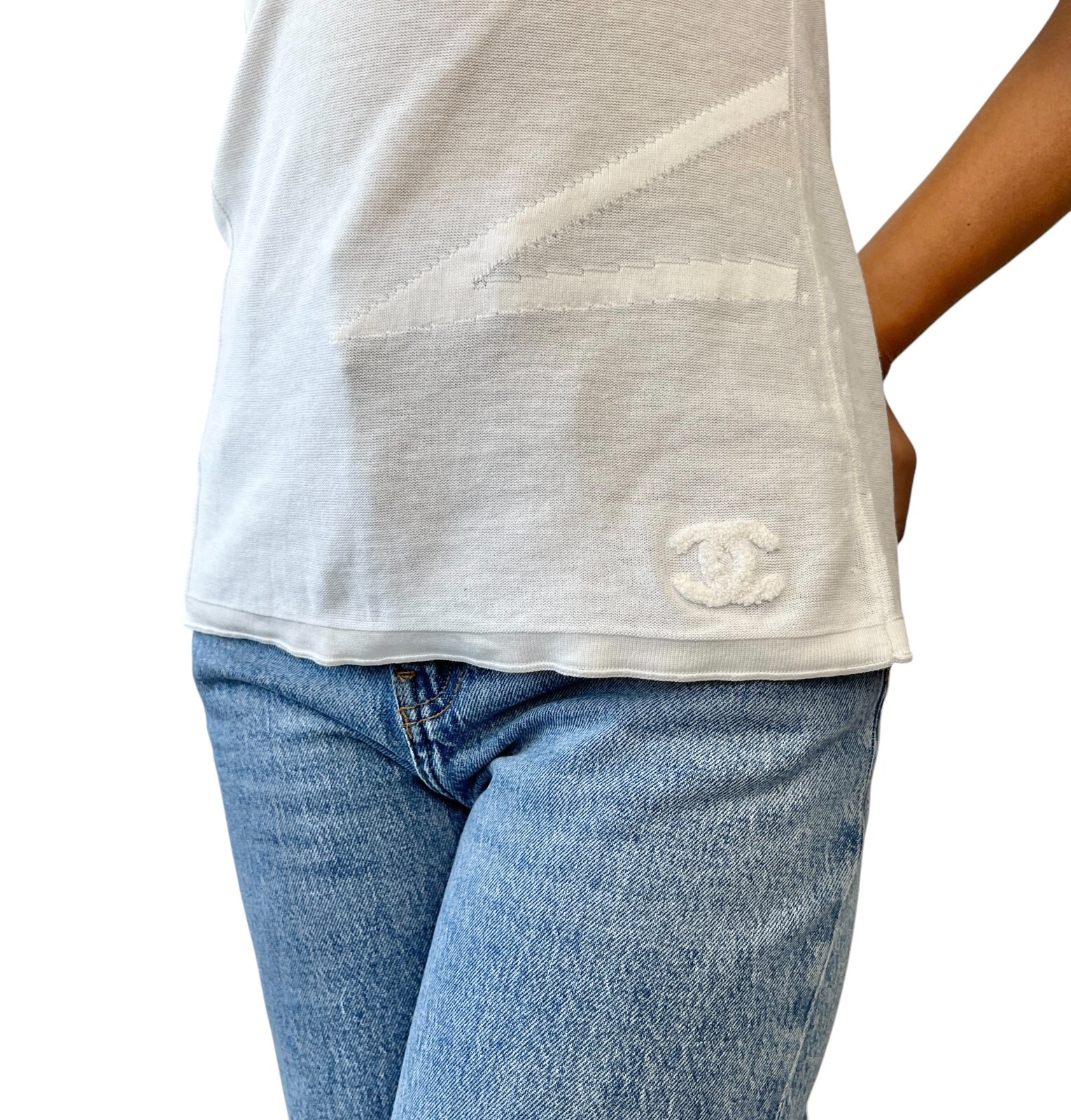 CHANEL Vintage P46183 CC Mark Logo Sleeveless Top #38 White Cotton