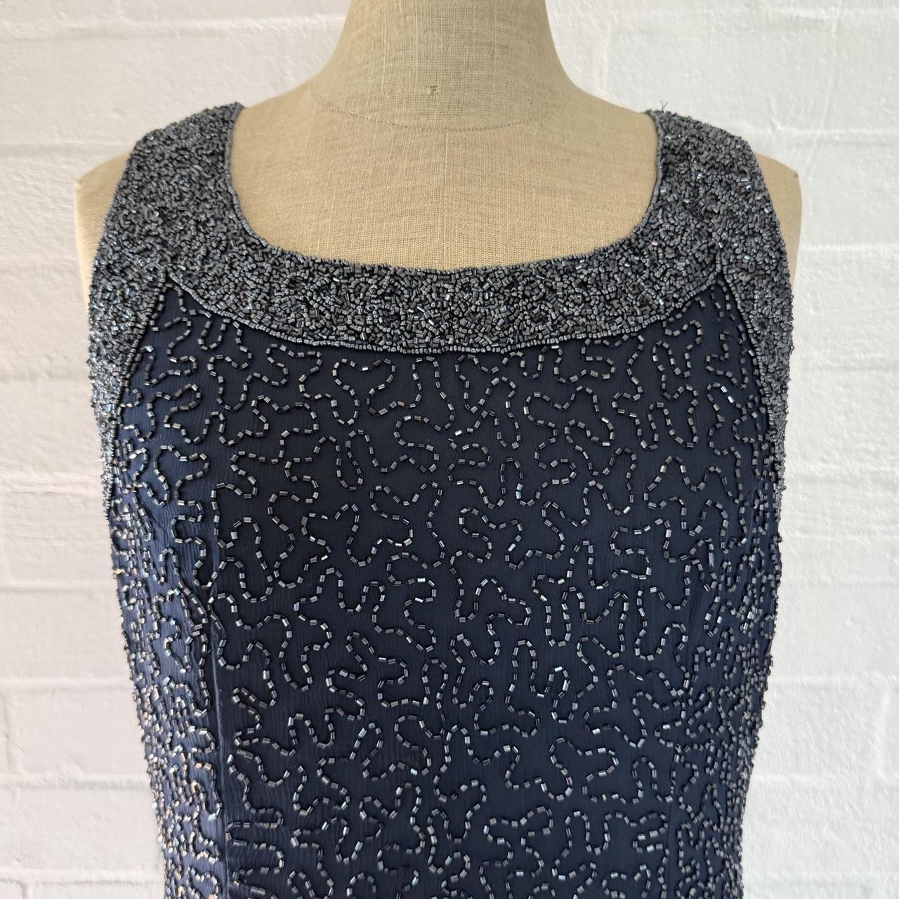 Vintage Mr. K Navy Blue Silk Hand Beaded Y2K Evening Gown