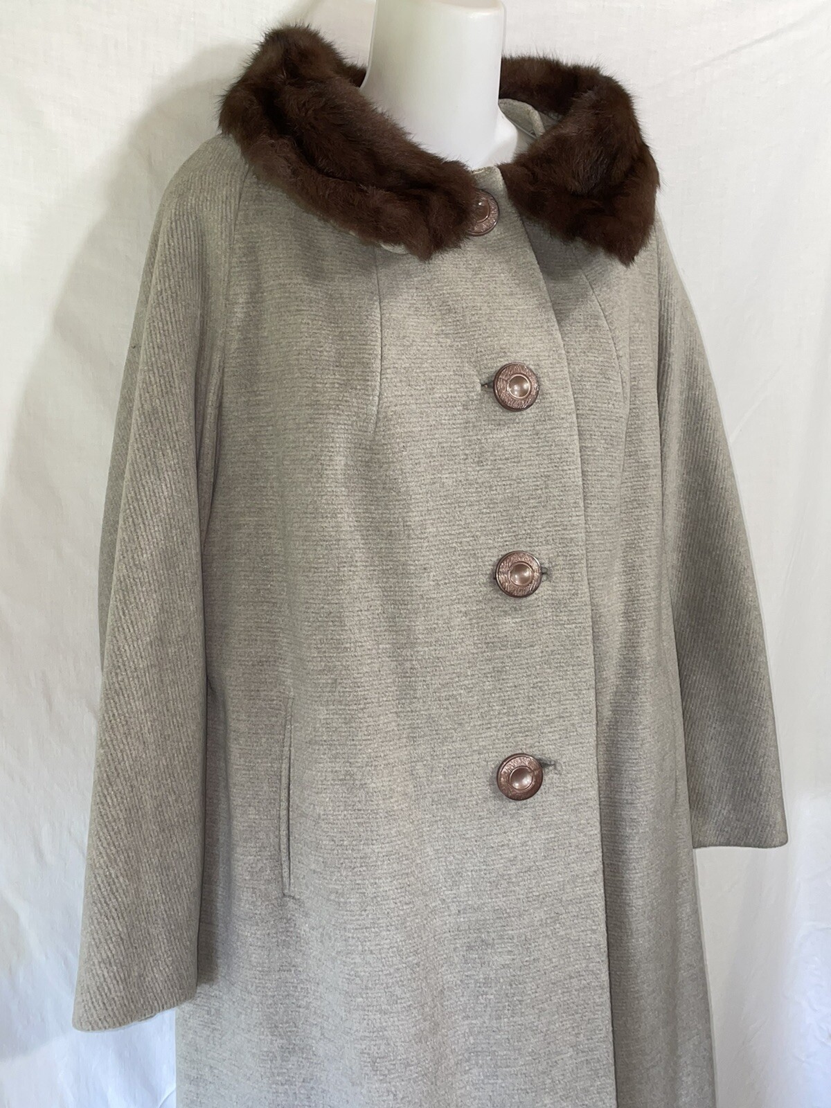 Vintage Coat Medium Large Long Gray Faux Fur Trim Overcoat Evening Jacket 50s