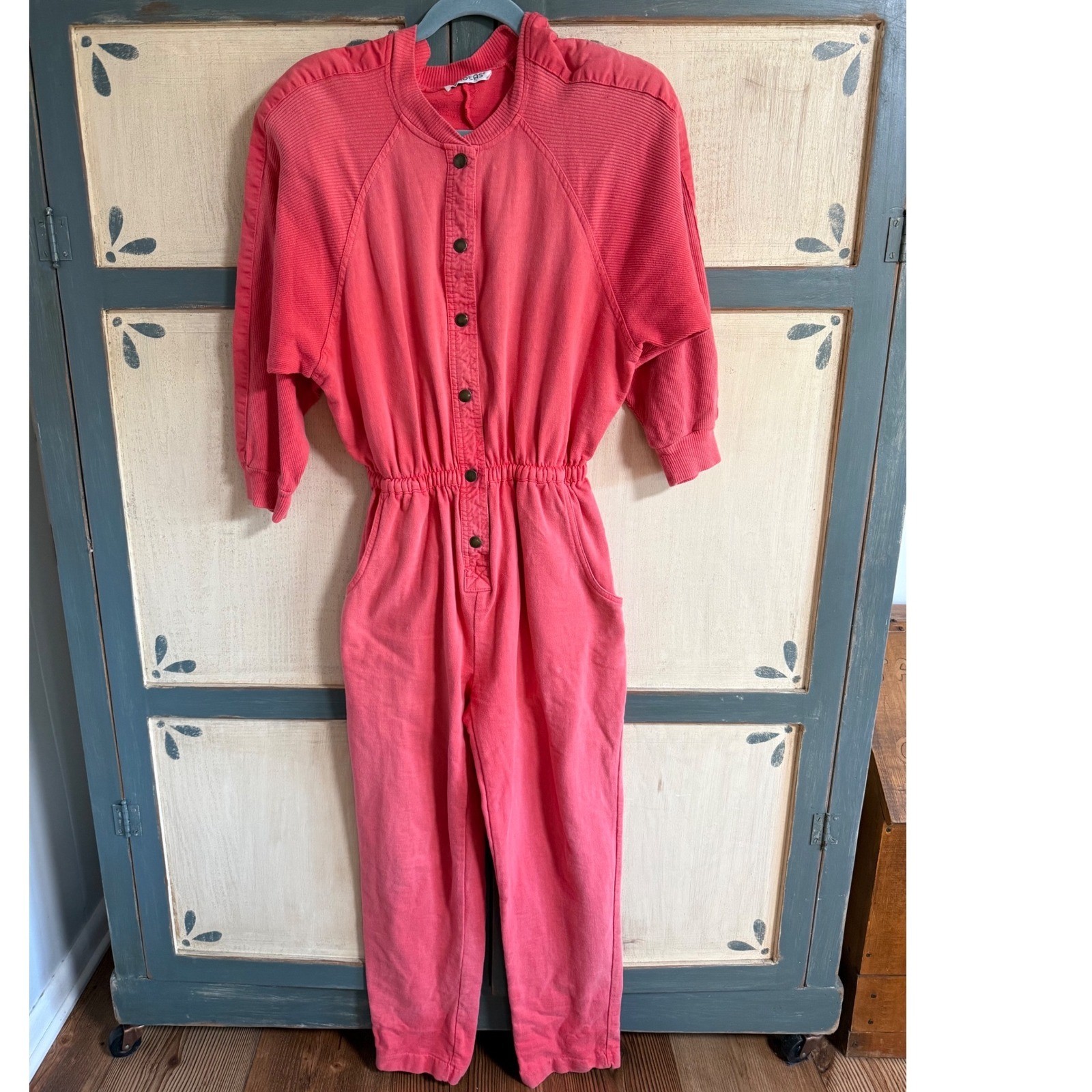 Vintage Ideas 80s Coral Pink Sweatshirt Jumpsuit Snap Front Elastic Waist Retro