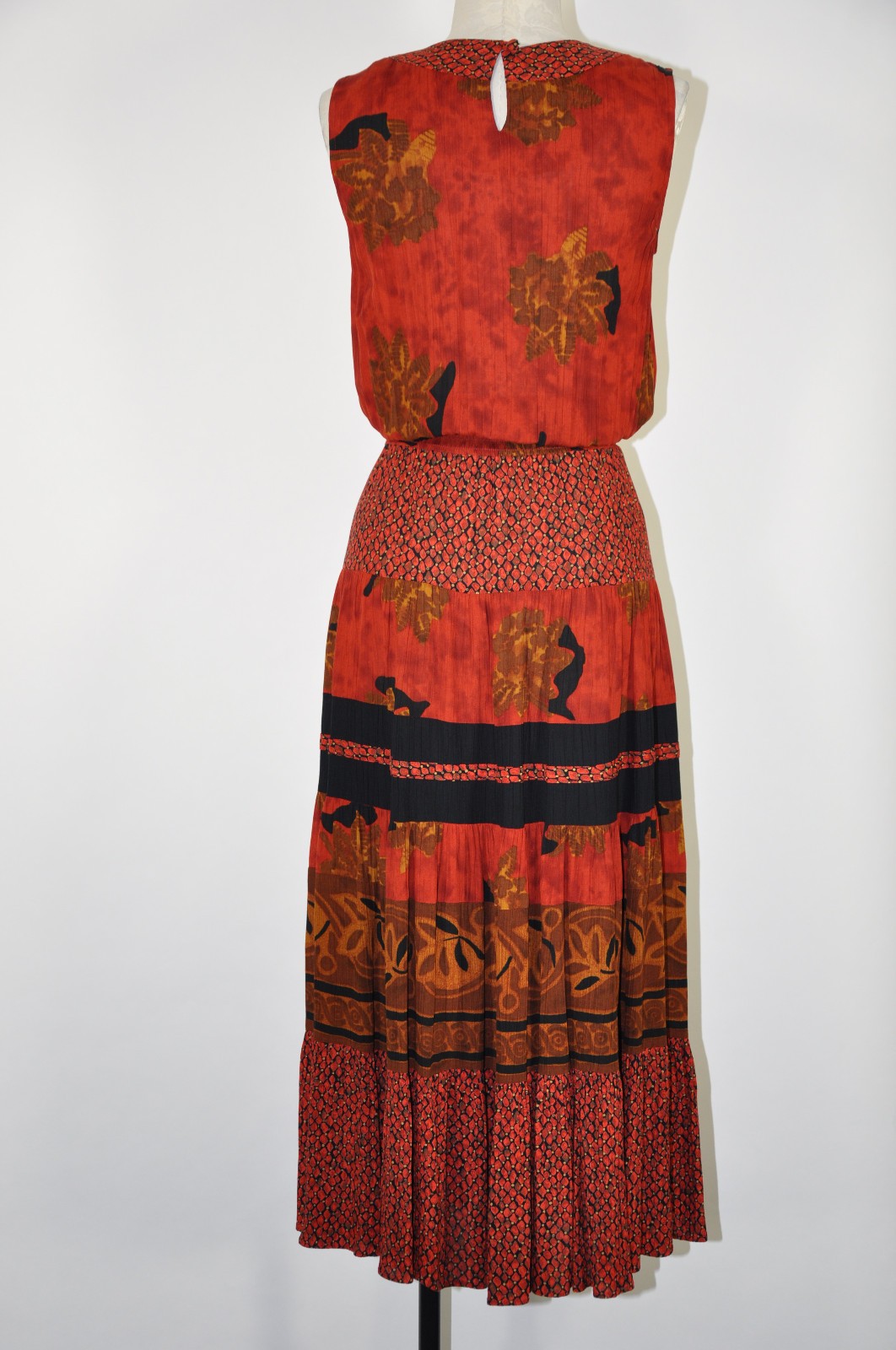 90s Vintage Rust Red Rayon Autumn Leaf Print Sleeveless Midi Dress Women S M
