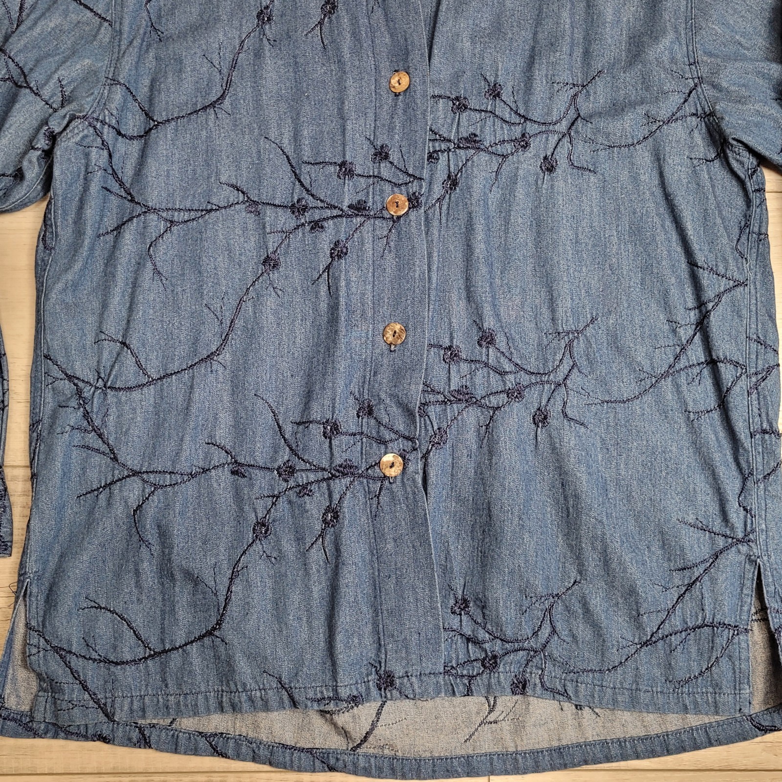 Vintage Gene Ewin BIS Shirt Womens M Wrinkled Rich Denim Embroidered 90&rsquo;s USA