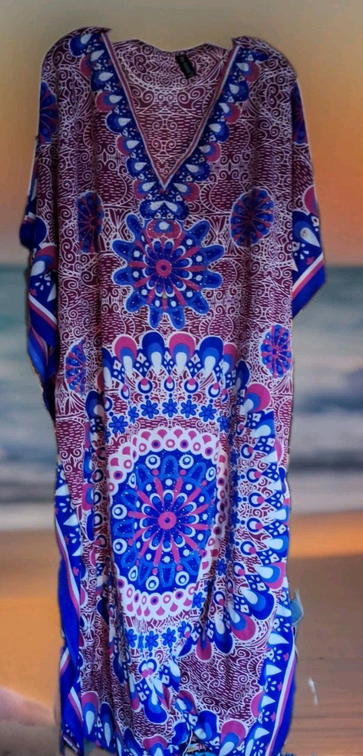 Vintage TRUE ROCK Caftan, Mandala Design W/ Gold Metal Flecks, Free Size!