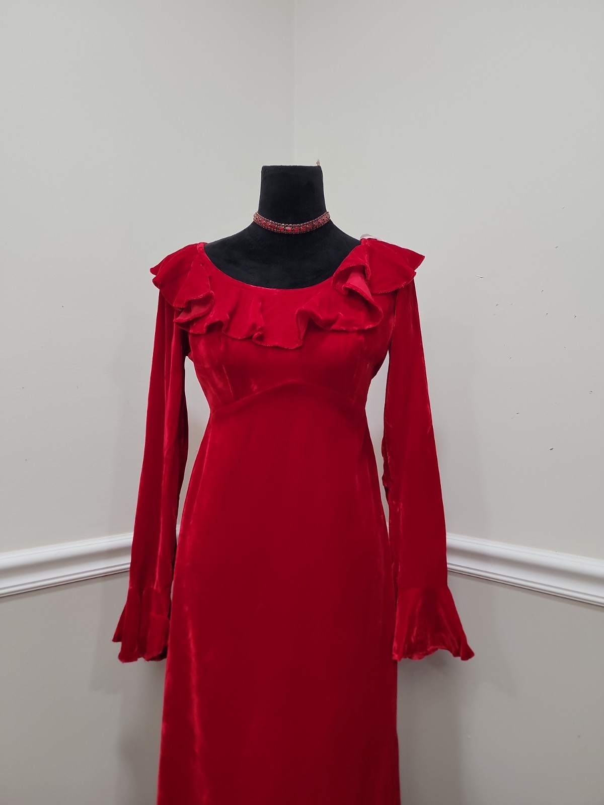 Vintage 60s Red Velvet Maxi Dress Empire Waist Ruffle Holiday Formal Gown S/