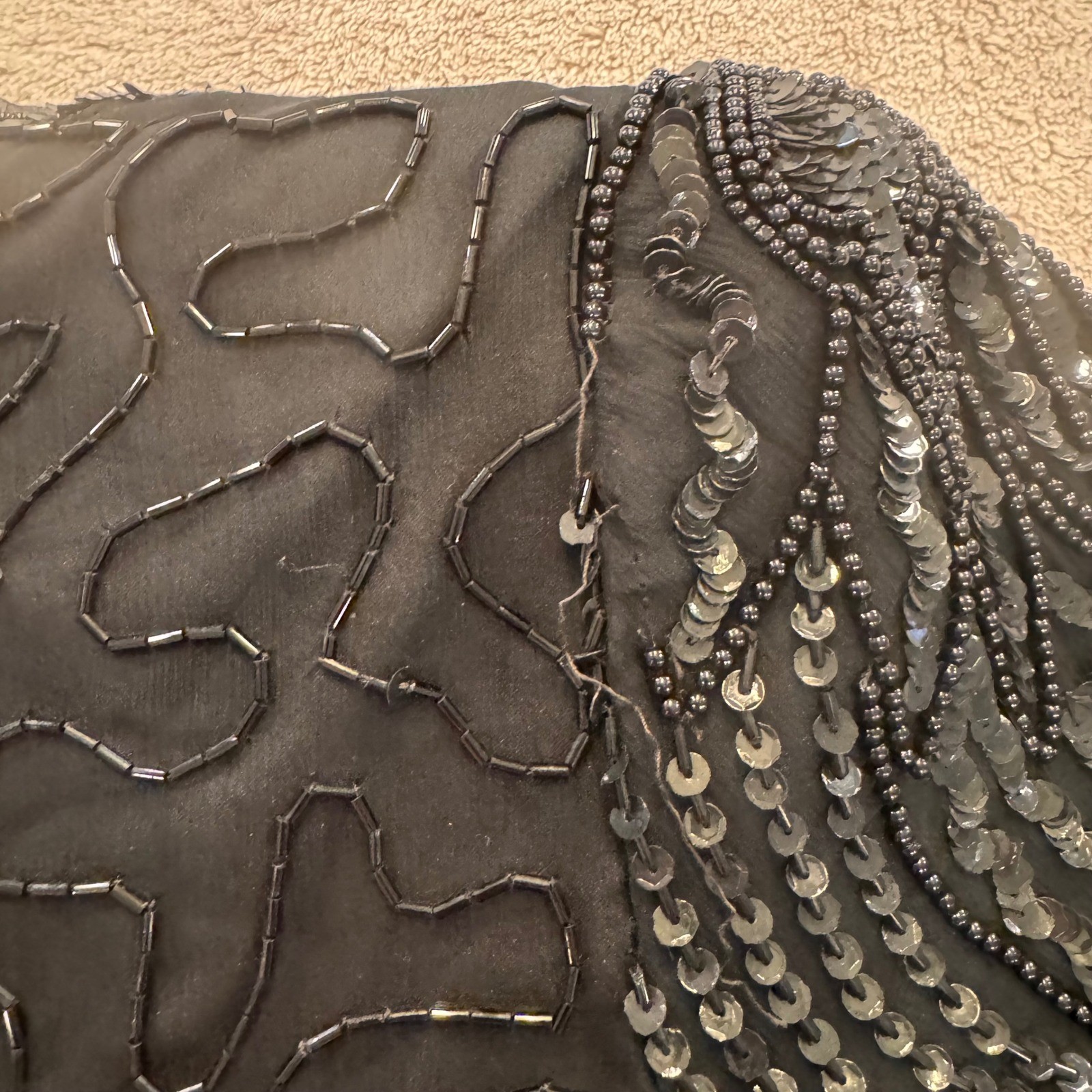 Vintage Gatsby Flapper Beaded Sequin Cocktail Party Dress Art Deco Black SZ M