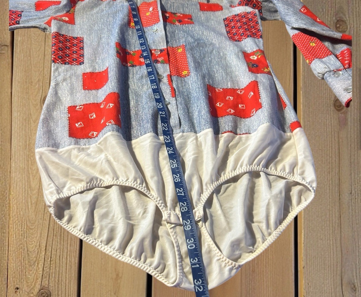 Vintage JCPenney Gaymode Patchwork 70s Bodysuit Shirt Snap Crotch Quilt Look