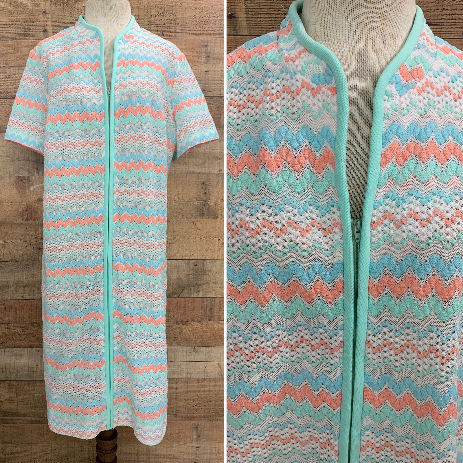 Vintage 1960s 1970s Mod Pastel Zigzag Crochet Dress 46” Bust /44” Waist
