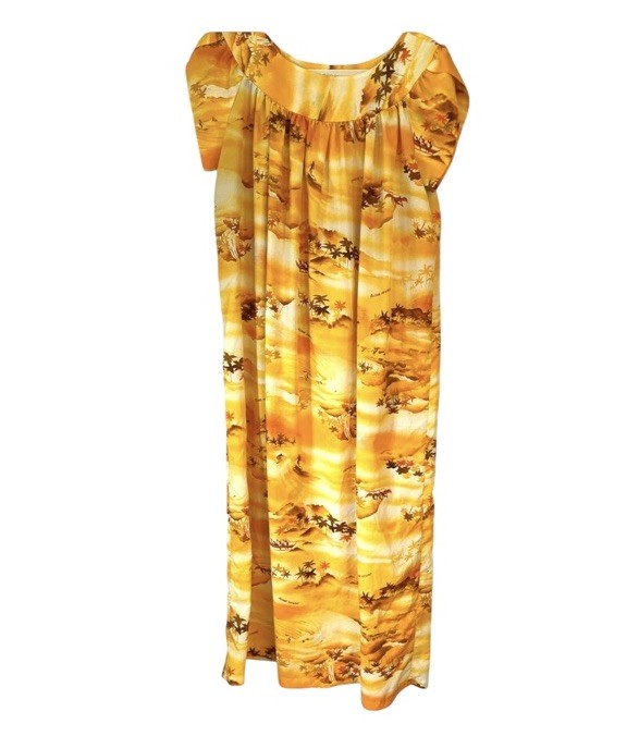 VTG Made In Hawaii Dress Hawaiian 70s 60s House Shift Yellow Aloha US Mumu