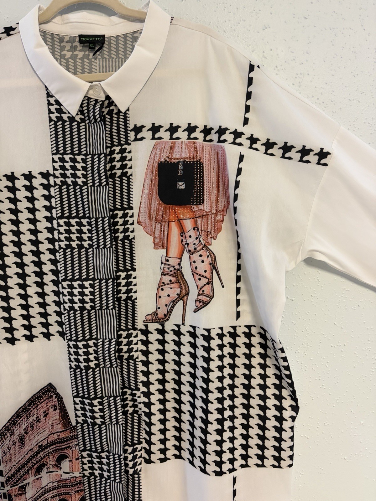 Y2K Tricotto Mixed Print/Pattern Button Down Blouse Sz 2X Art To Wear 3/4 Sleeve