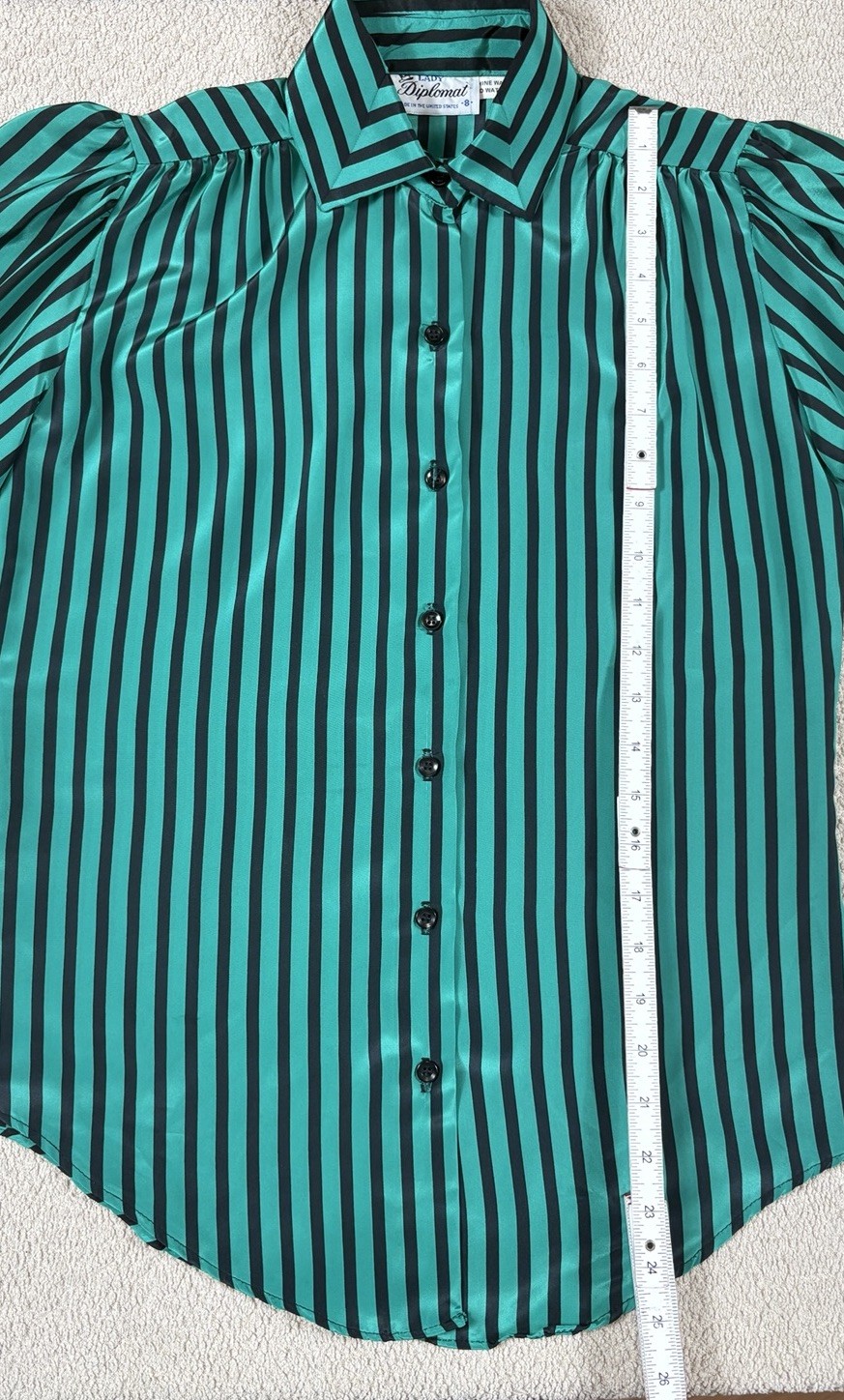 Vintage Pussy Bow Scarf Blouse Button Up Women&rsquo;s 8 Striped Green Made In USA