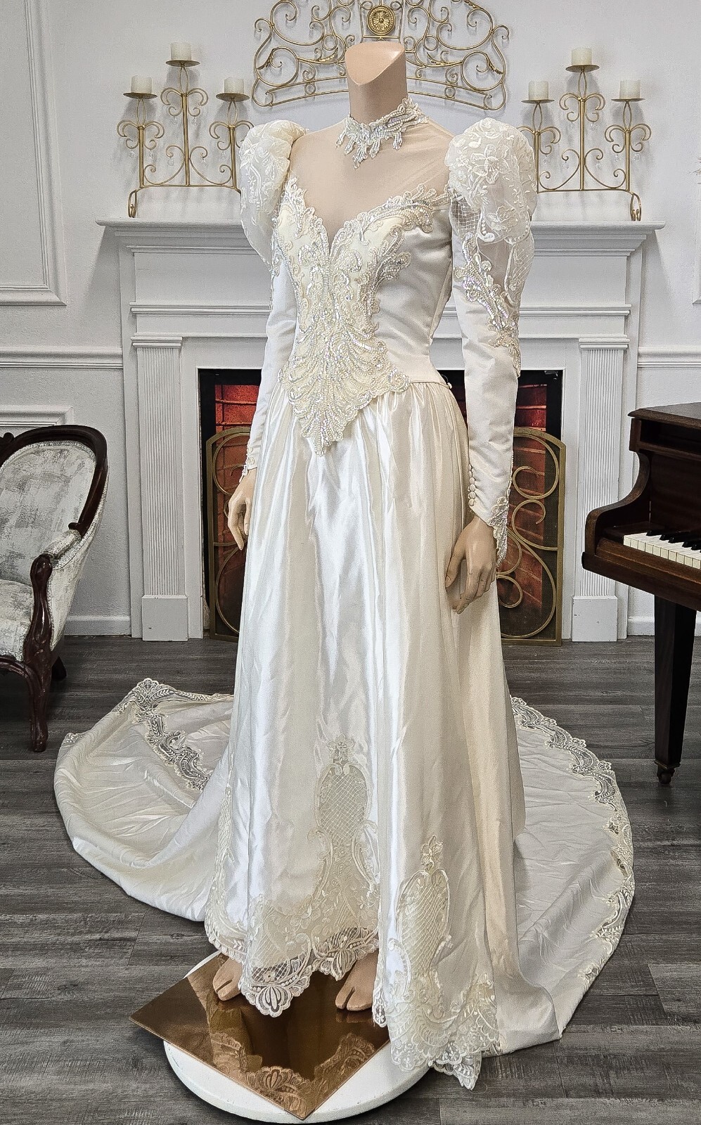 Union Made Vintage 80s Ivory Satin Sequin & Lace Long Sleeve Wedding Dress sz 10