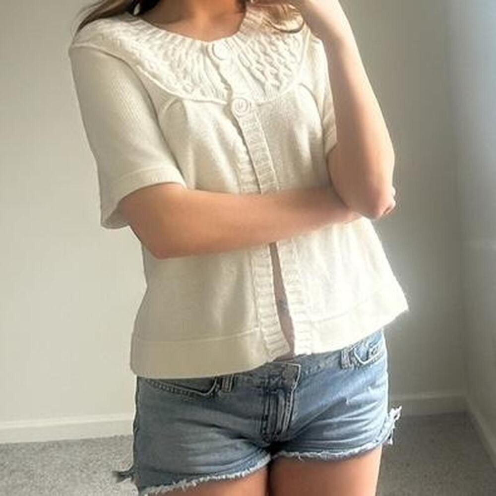 Vintage cream babydoll knit sweater tshirt cardigan top with button detailing