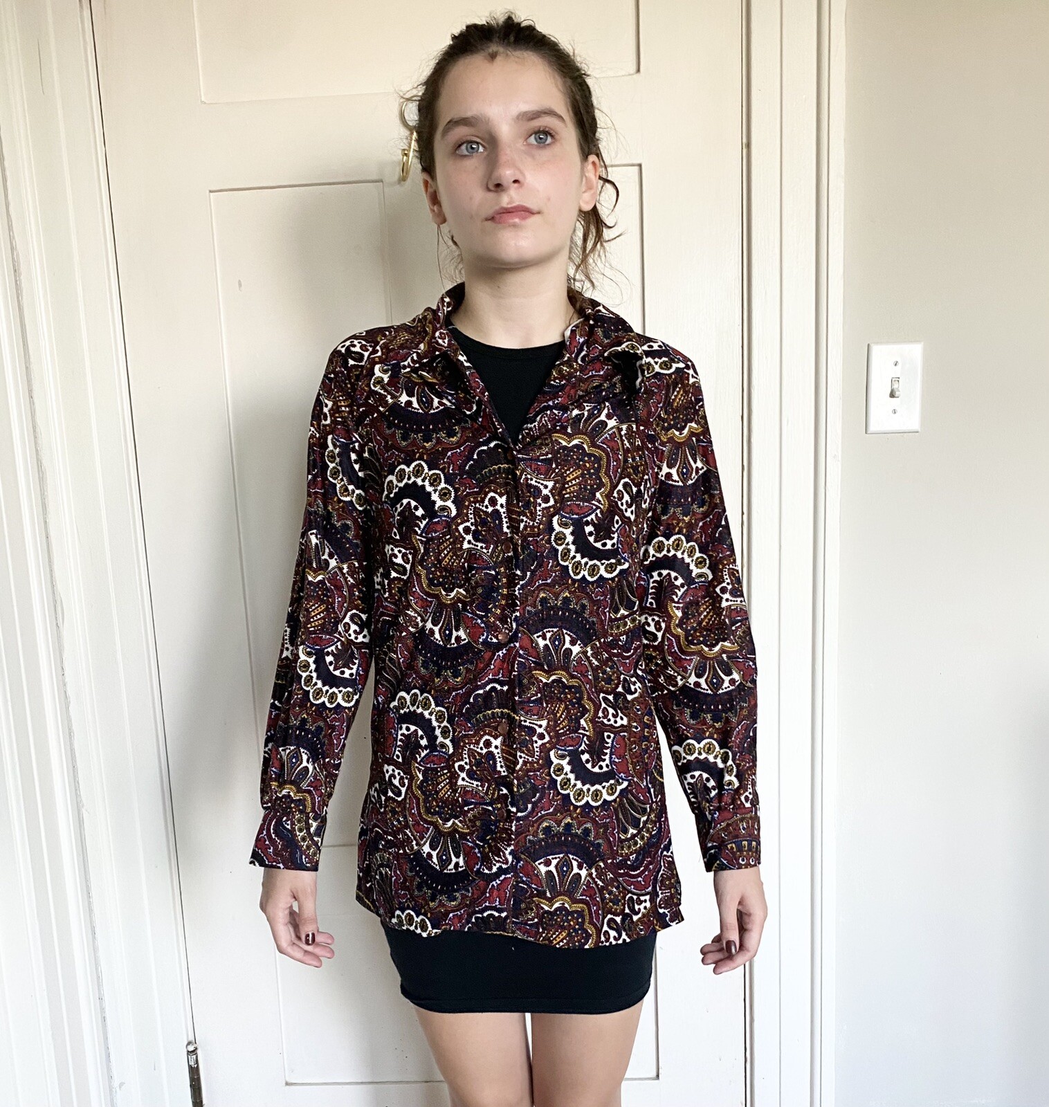VTG Graff Californiawear 1970’s Paisley Print Large Collar Blouse Shirt S/M