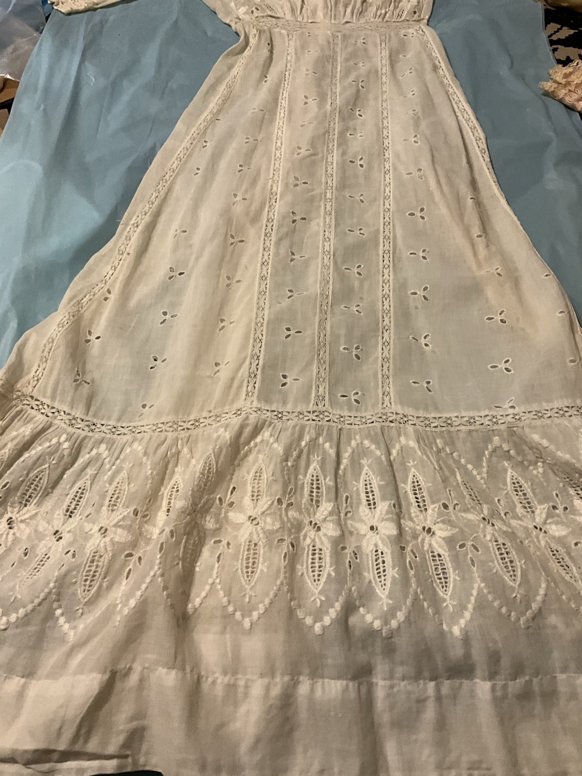 Antique Edwardian White Cotton Lace Dress Eyelet Whitework Embroidery Vintage