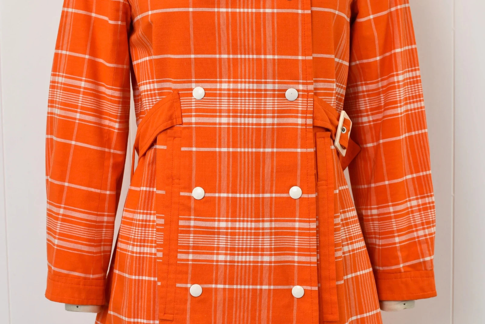 1970s Courreges Hyperbole Orange White Plaid Cotton Coat Jacket Dress