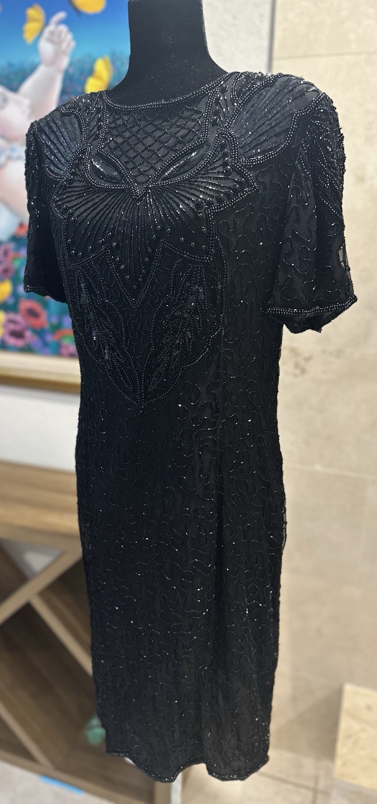 VTG 80s AP Ltd Vintage Black Beaded Sequin Silk Dress US 14 L Knee Length NWT