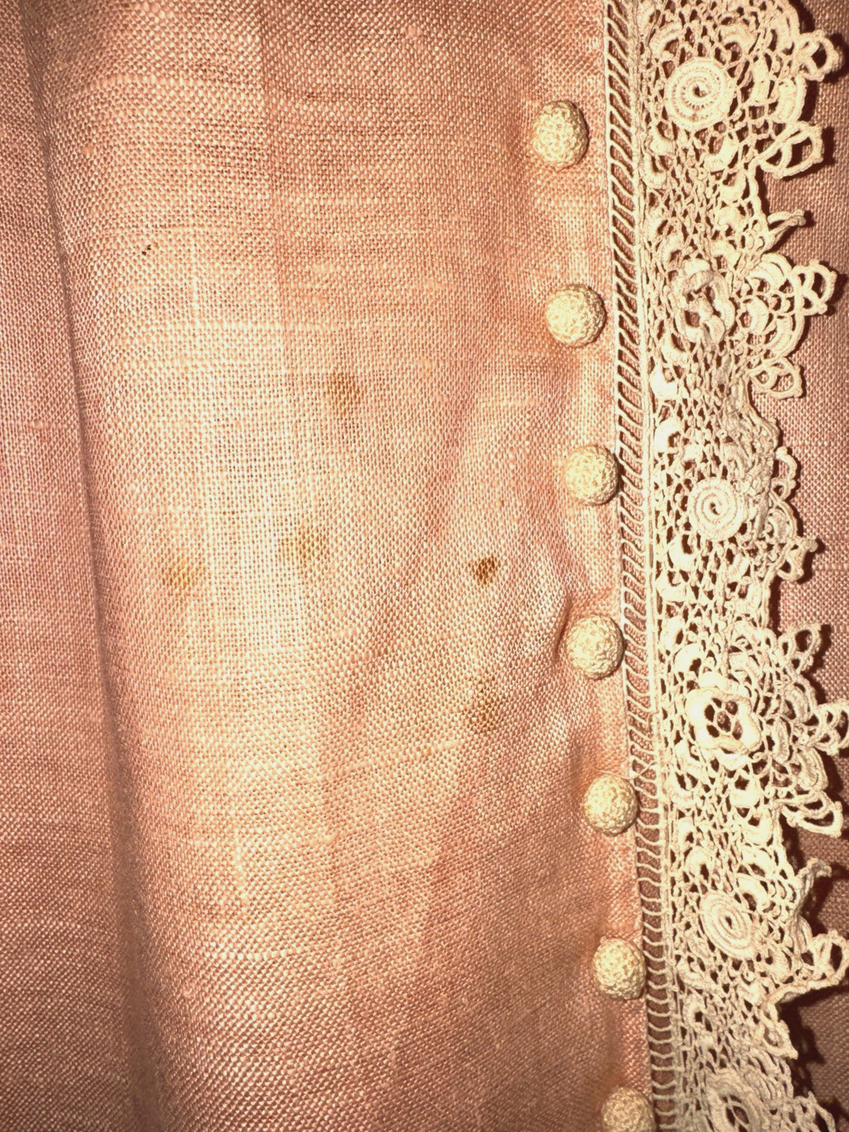 Vtg Antique Peach LINEN + LACE Button-Up Blouse MINI DRESS Robe 29&Prime; Victorian