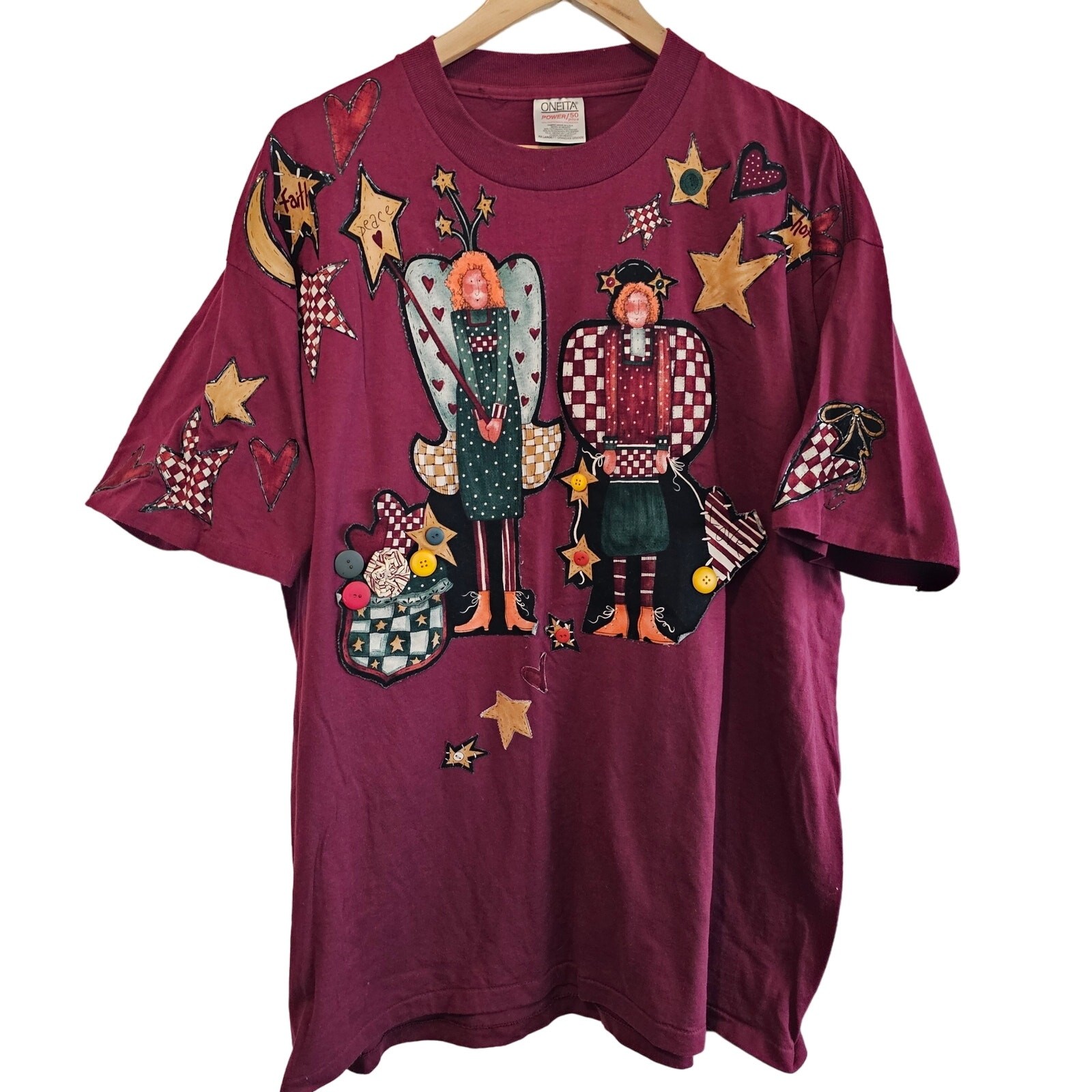 Vintage Love Peace Faith T-Shirt Womens Sz XXL 90s Purple Angel Stars Puff Paint