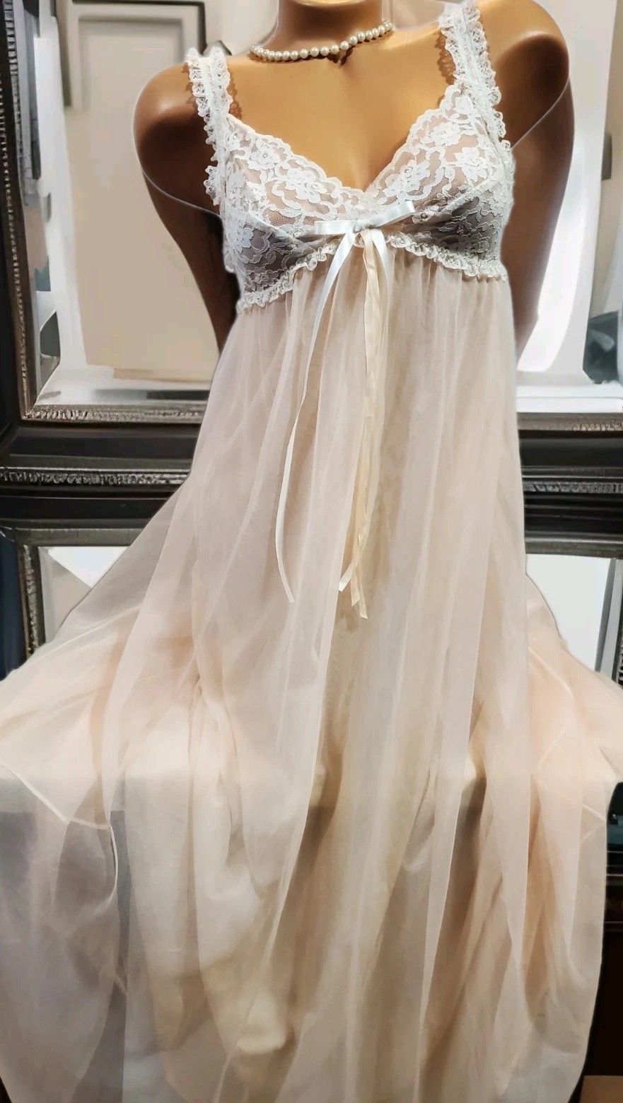 VTG LAYERED FULL SWEEP MAXi PEACH NYLON CHiFFON NiGHTGOWN LiNGERiE SLiP DRESS