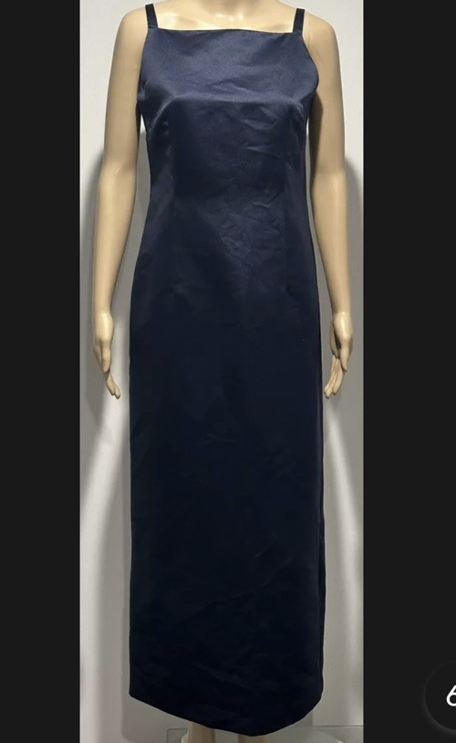 Midnight Navy Blue Satin Dress Long Genuine Vintage Size S Ball Prom Cocktail