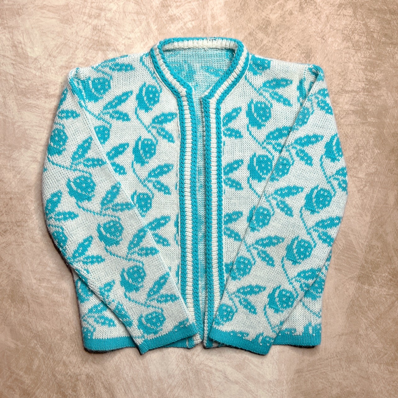 Vintage 70s Strawberry Print Cardigan Sweater Handmade Knit Cottagecore Garden
