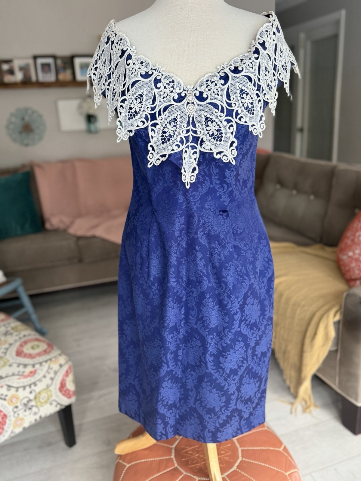 Scott McClintock Dress Size 12 Blue Jacquard Lace Off Shoulder Formal Vintage
