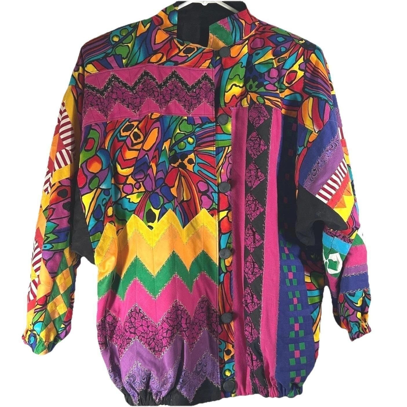 Womens Vintage 80s Art to Wear Patchwork Jacket Multicolor Quilted Maximalist