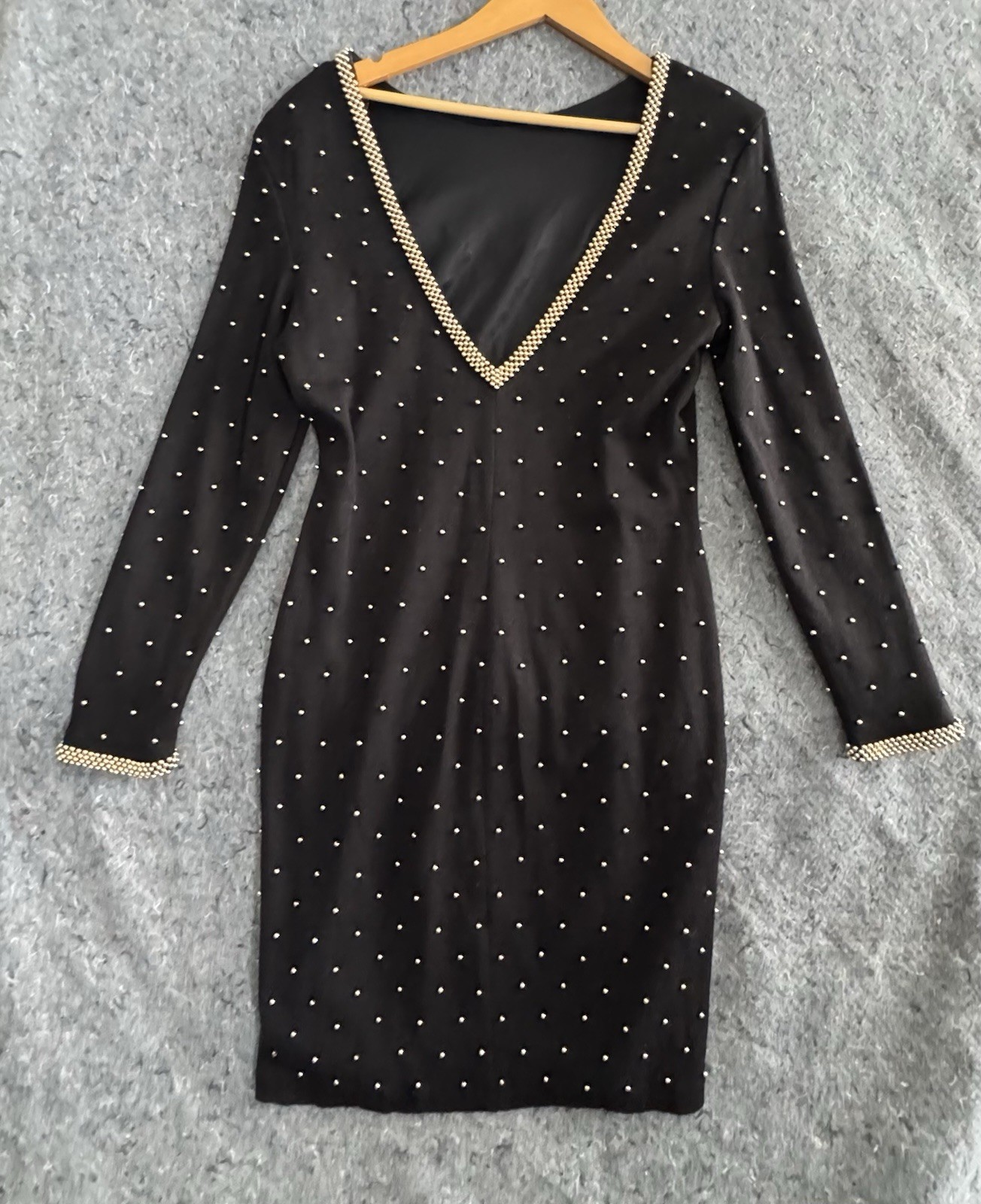 Vintage ST AL 14 Beaded Dress Black Gold Studded Cocktail Party 80s 90s