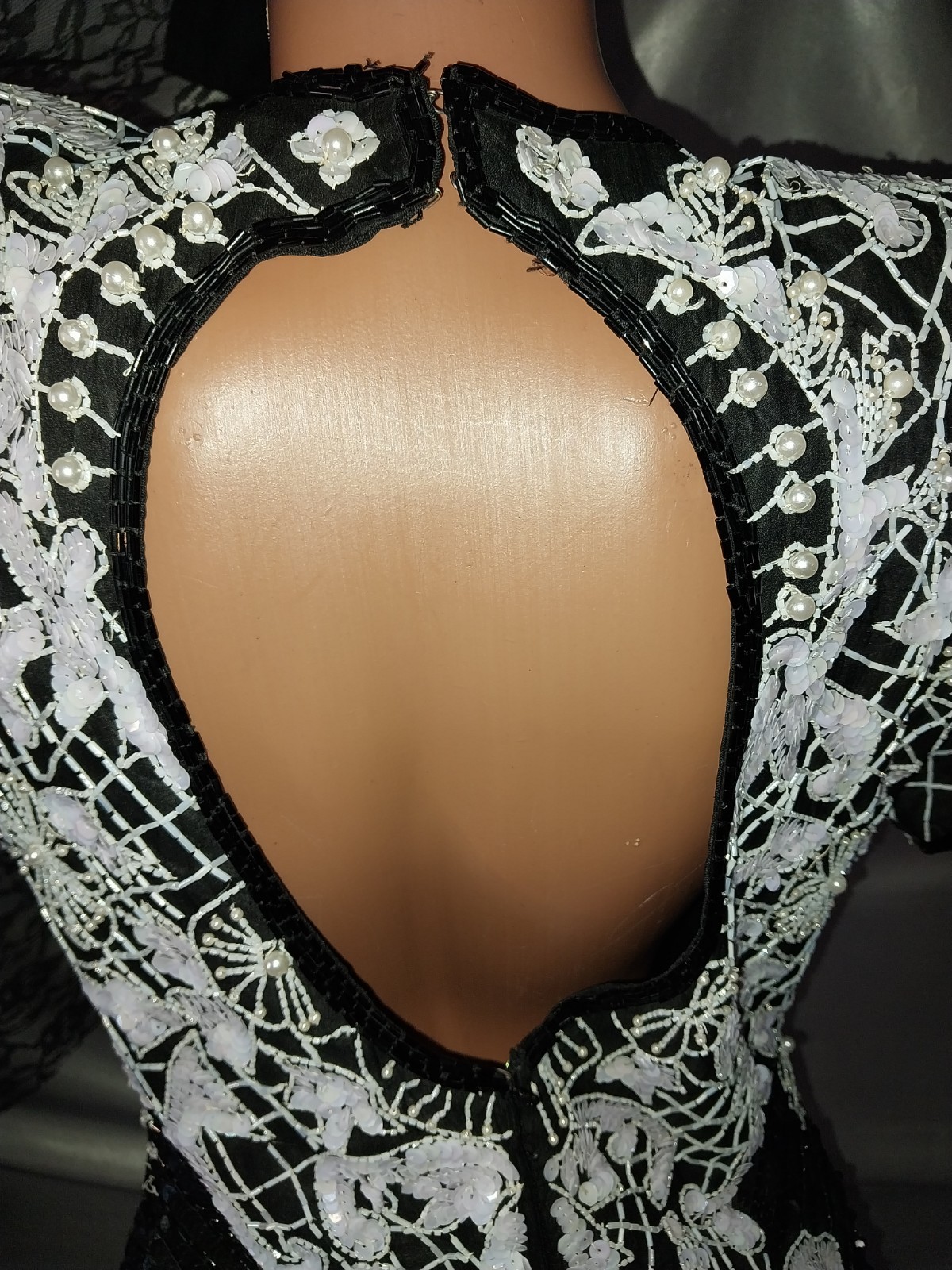 VTG GLAM DECO Sequins Beaded Mini Scalloped Dress Black White Silk Lined XS/P