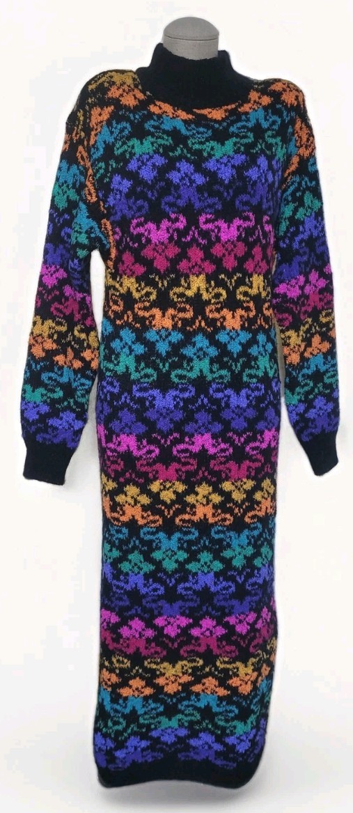 Vintage 80s Billy Jack Rainbow Knit Sweater Column Dress Valley Girl New Wave M
