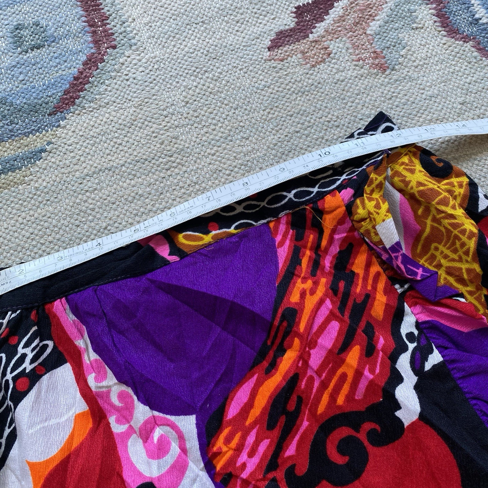 Vintage 70s Barkcloth Maxi Wrap Skirt Pink Purple Psychedelic 26 Waist Ruffle