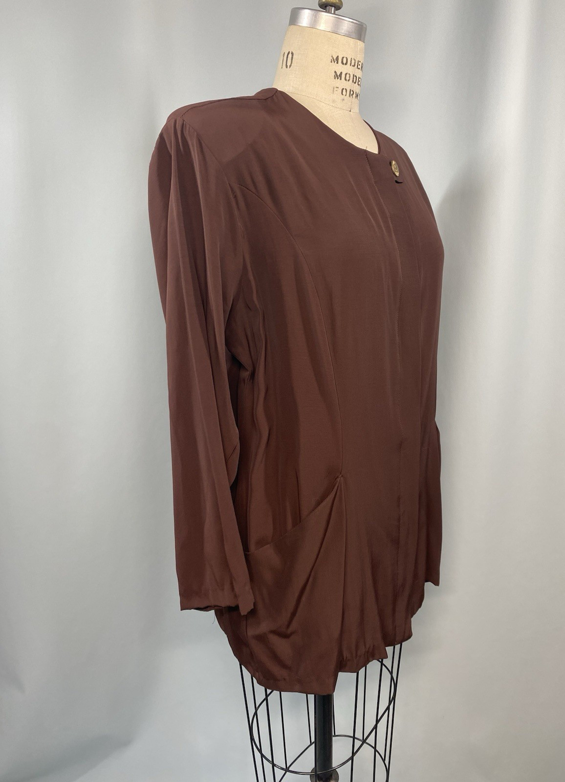 Women Vintage Top SIZE MEDIUM brown rayon ORIEL classic tunic pockets 80s 90s