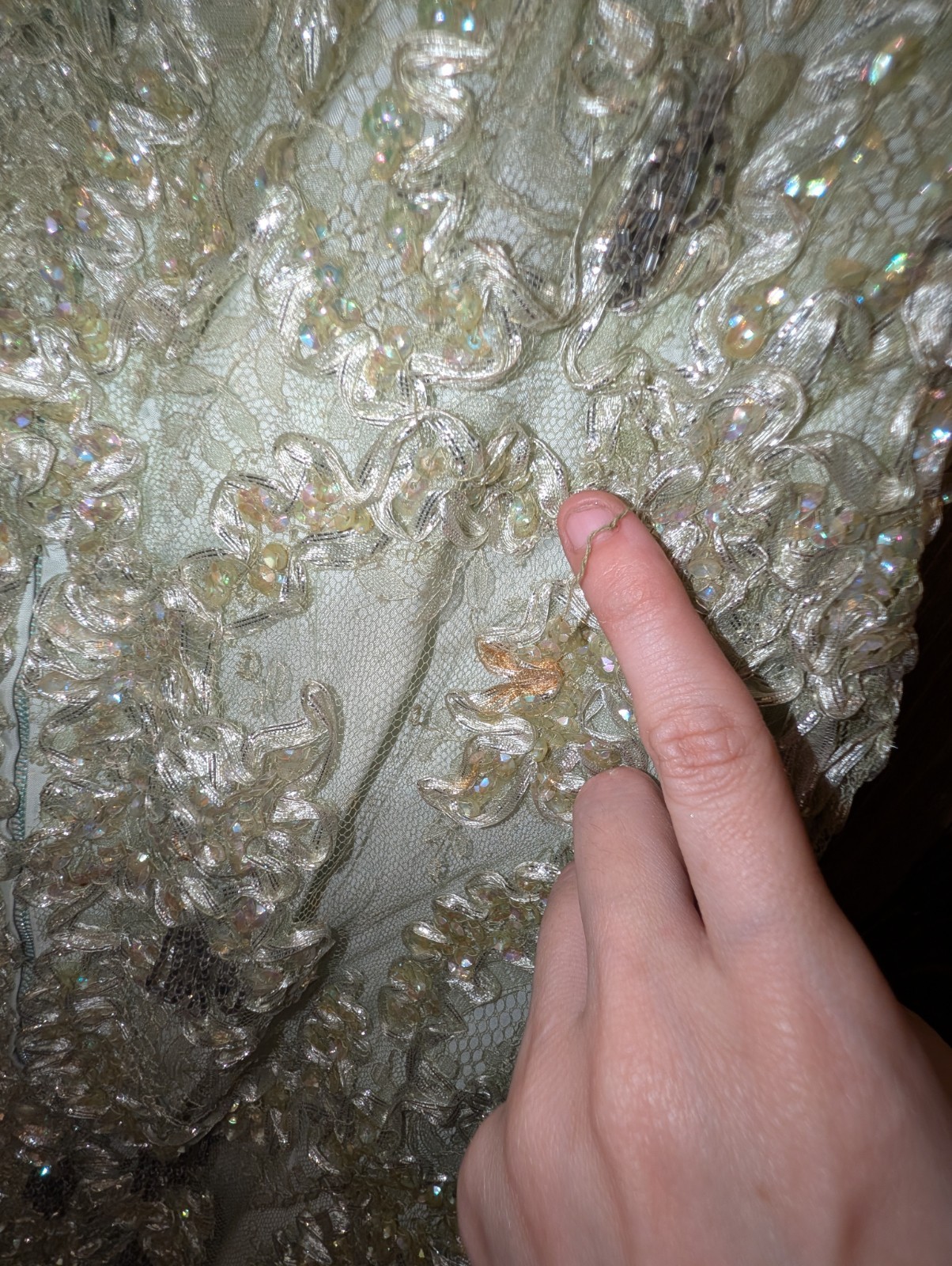 Vintage Handmade Green Beaded Evening Gown Size 0 w/ Coat Fur Accessories AS IS