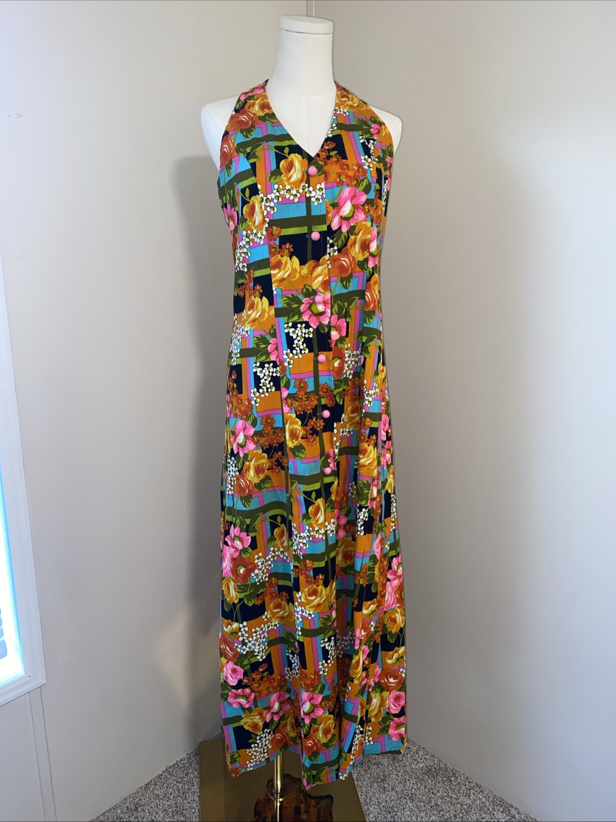 Vintage 60S 70S Handmade Halter Dress Bright Floral And Geometric Pattern M/L