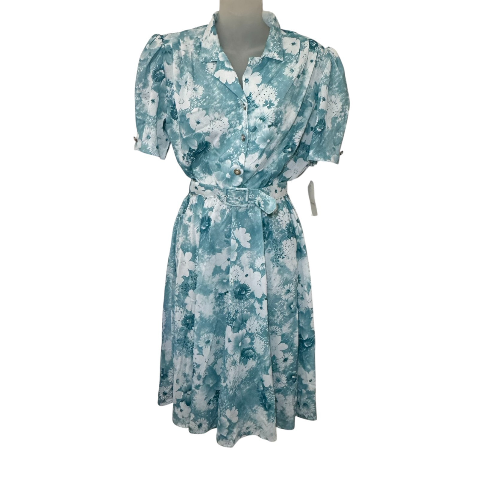 New VTG California Looks Dress Woman SZ 8 Petite Aqua Floral Belted CottageCore