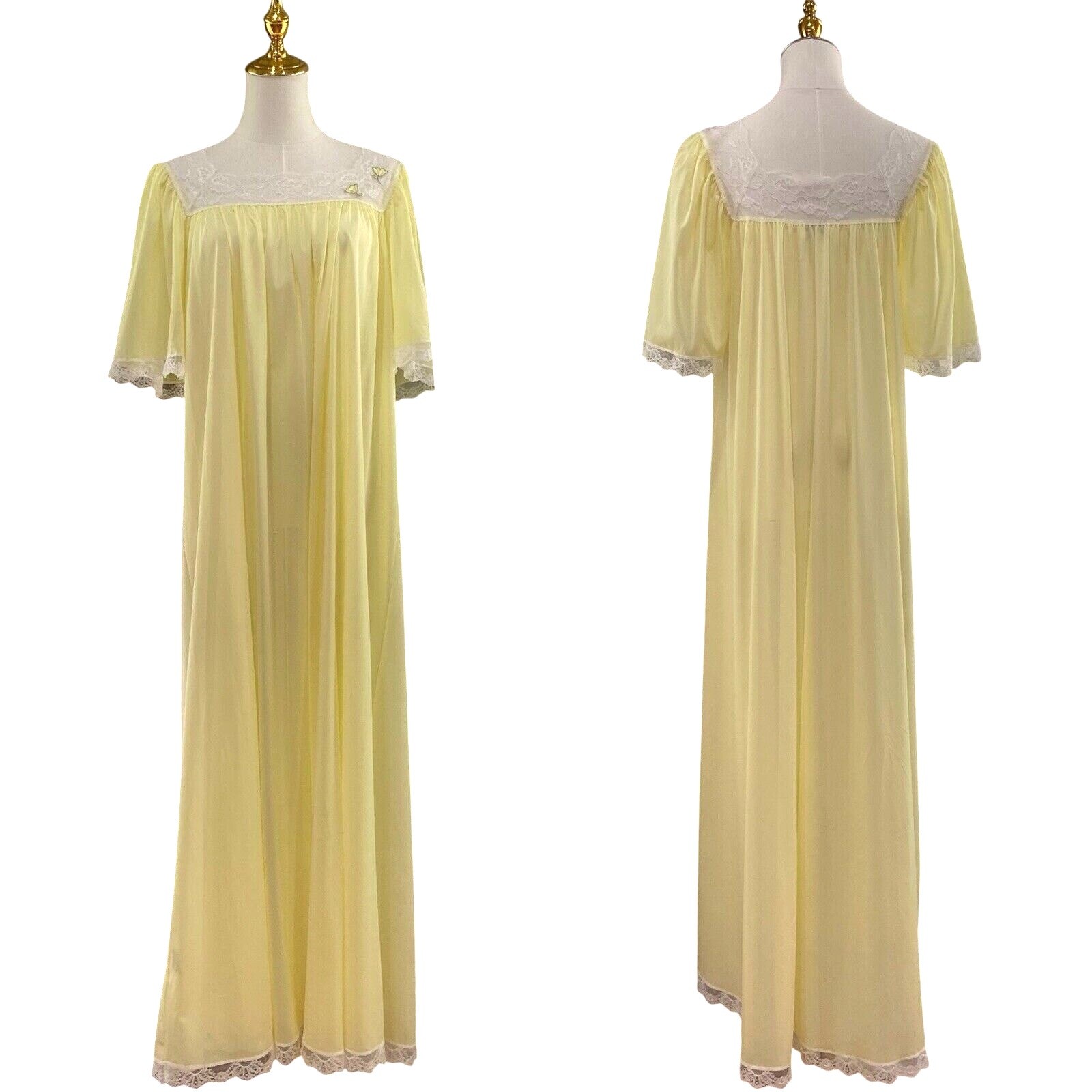 Vintage 90s Lucie Ann Buttercup Yellow Nylon Tulip & Lace Maxi Nightgown Size S