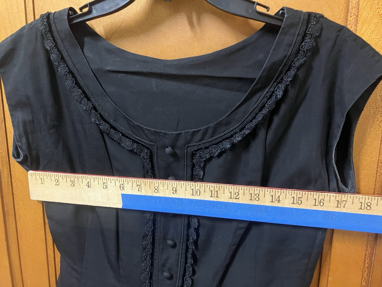 Vtg Beautiful Handmade Black Tailored Dress Covered Buttons Lace 50’s
