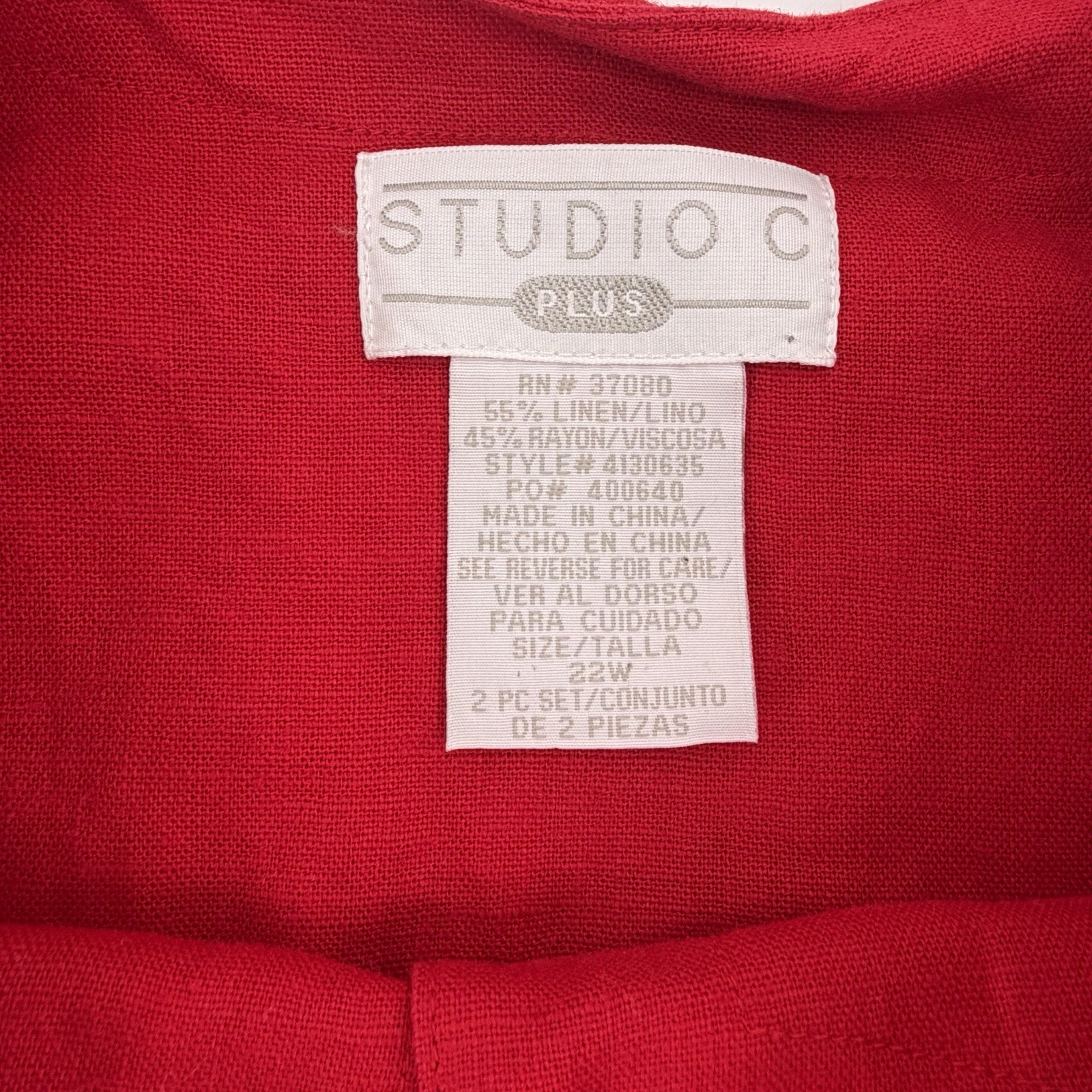 Vintage Studio C Plus 2pc Linen Blend Maxi Dress Blouse Set Red 22W 3X Pleated