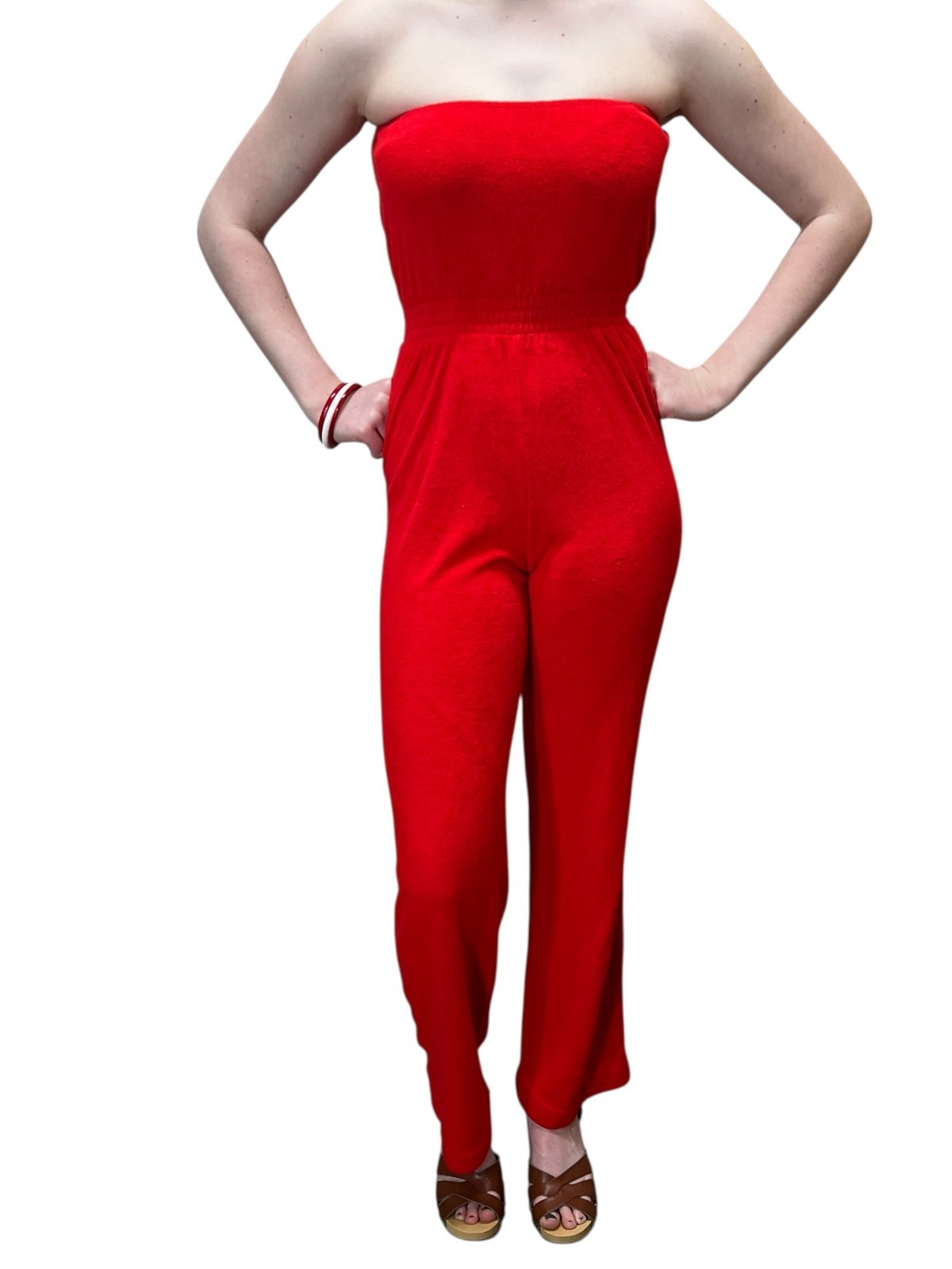 Vtg 70s Sz S Strapless Jumpsuit Beach Party USA Red Terrycloth