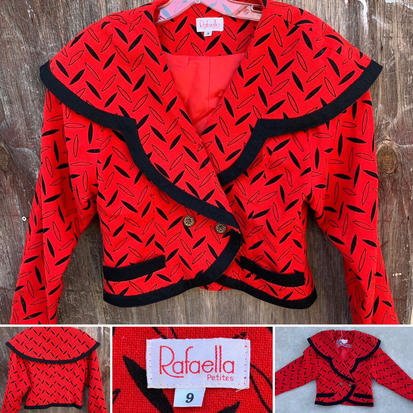 Vintage Rafaella Petites Blazer Jacket Red Black Geometric 80s 1980s Size 9