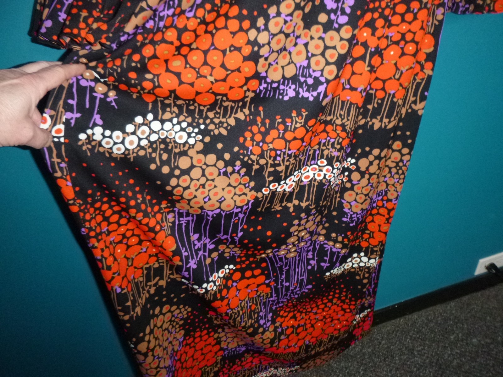 Vtg 70s Dynasty Stretch Poly MOD Maxi Dress Stylized Floral Sz S/M Hong Kong